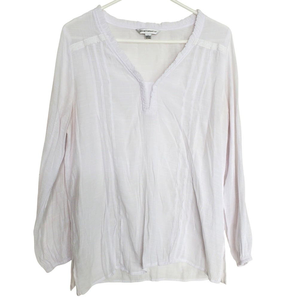 White Pintuck Blouse Breezy Lightweight V Neck Texture Long Sleeve‎ Casual Lg